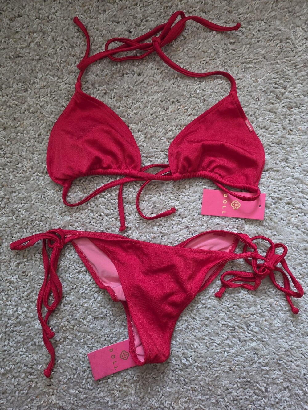 DOLL Swimwear Red Triangle Bikini Top And Scrunch Bikini Bottom - Size Small